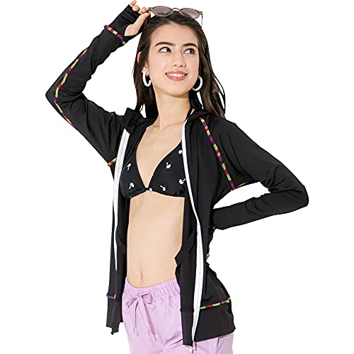 FELLOW フェロー 全38色柄 ラッシュガード パーカー レディース ラッシュパーカー 接触冷感 ラッシュ フードあり 長袖 UVカット UPF50 + ブラックレインボー 3Lサイズ