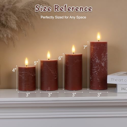 Image of Flameless Pillar Candles with Remote, Real Wax Battery Operated Decorative Candles, Brown Home Decor for Table, Fireplace Mantle, Entryway, Set of 4
