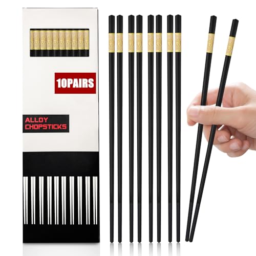 Jiaoshou Pan 10 Pares Palillos Chinos de Fibra de Vidrio, Aptos para Lavavajillas y Reutilizables, Palillos Japoneses, Chopsticks Negros de 24CM para Hogar Cocina Restaurante (Golden Fortune)