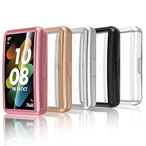 Simpeak 5 Pezzi Cover Compatibile con Huawei Band 7/6/Honor Band 6, Custodia Caso in Gel Silicone Morbida TPU con Pellicola Protettiva Anti-Graffio Full Protezione,Chiaro,Nero,Argento,Oro Rosa,Rosado