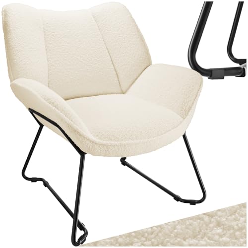 TecTake® Sillón de Bouclé Acolchado y Reclinable, Butaca Escandinava con Reposabrazos y Respaldo, Tapizado de Espuma de Alta Densidad, Estructura de Acero con Protección Antideslizante - Crema/Blanco