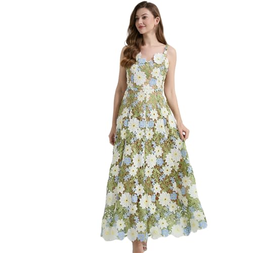 Robe d'été pour femme bicolore en dentelle brodée coupe trapèze