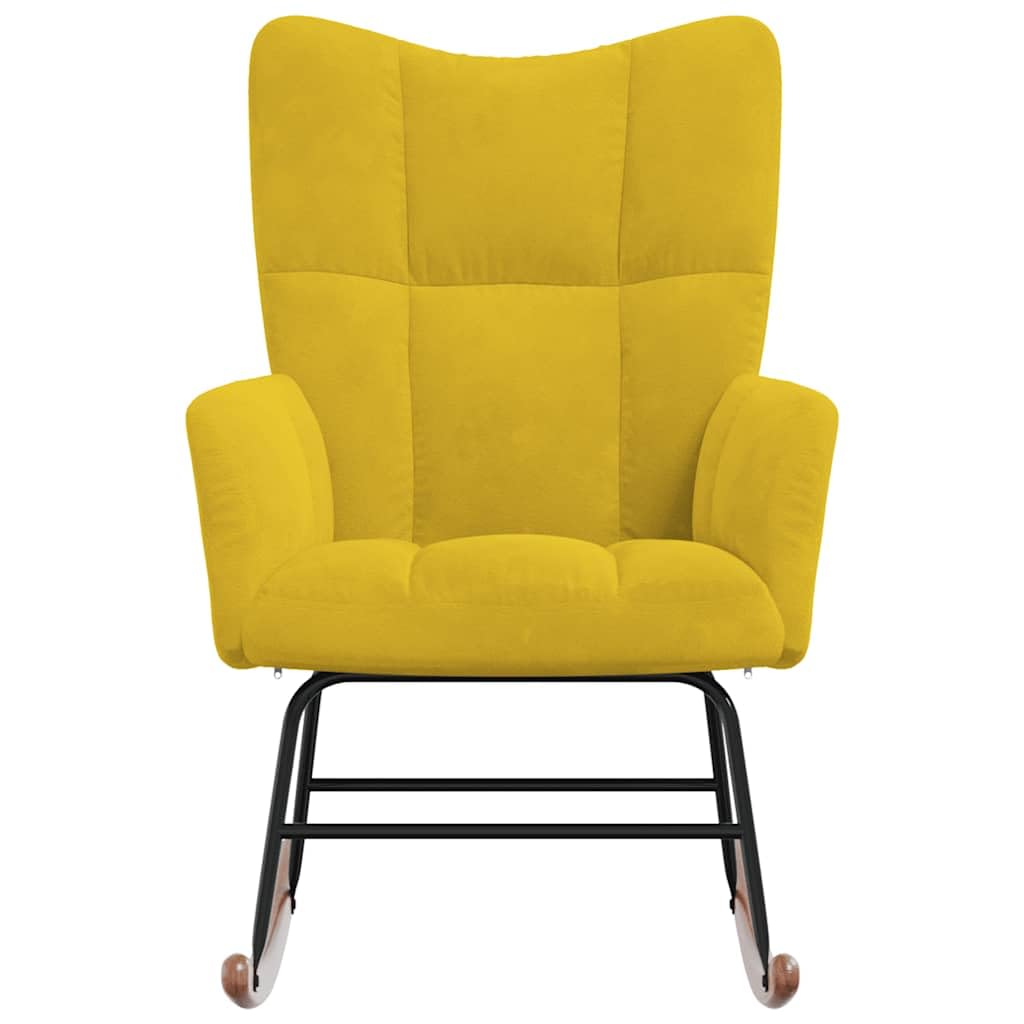 Sillón mecedora de terciopelo amarillo mostaza con acolchado espumado, estructura de acero y patines de madera, dimensiones totales 61 x 78 x 98 cm, para salón y balcón
