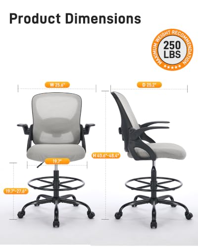 Image of LukkDys Drafting Chair with 4D Multi-Adjustable Backrest, Tall Office Chair 19.7 inch-27.6 inch Seat Height, Ergonomic Standing Desk Chair with Flip-up Arms, Foot Ring, Grey&Black