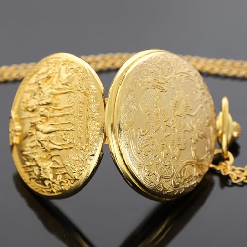Image of Tiong Vintage Pocket Watch Engraved Cowboy Skull Wolf 3D Pattern Arabic Numerals Quartz Pocket Watch with Chain Best Gifts