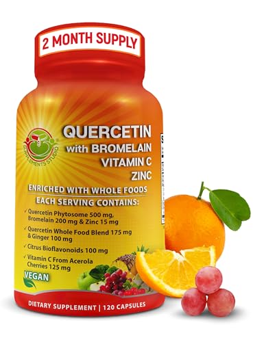 Quercetin with Bromelain Vitamin C and Zinc Enriched with Organic Whole Foods - 1215mg per Serving - Quercetin Phytosome 500mg Capsules with Ginger and Flavonoids for Immune Support - 120 count