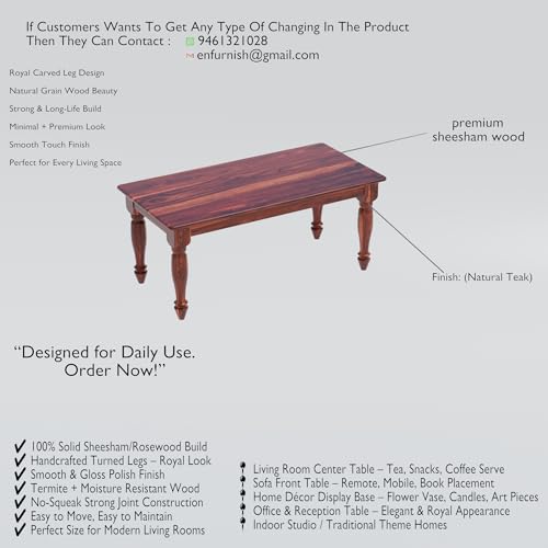 Image of Wooden Rectangle Center Coffee Table for Living Room | Sofa Centre Table for Home & Office | Solid Sheesham Wood Tea Table (Honey Finish)