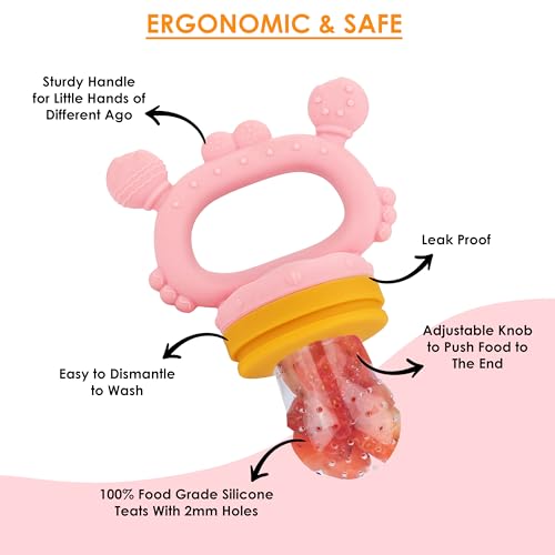 Image of BabyGo Silicone Baby Crab Nibbler & Teether with Rattle Handle | Soft Feeding Feeder for Fruits | Easy Grip Self-Feeding Teething Pacifier & Teether for Babies 6-12 Months | Multicolour | Pack of 1