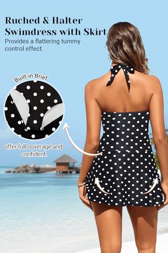 Image of Women Tummy Control One Piece Swim Dress Ruched Swimsuit with Skirt | Halter V-neck Design, Adjustable Straps, Removable Cups, Side Bow-tie, Sexy, Flattering, Slimming