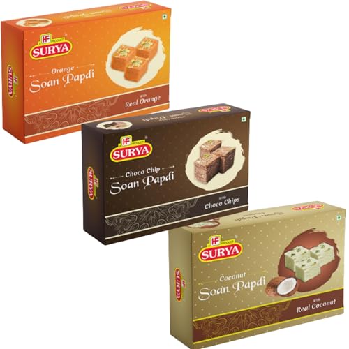 Image of HF, Surya Soan Papdi 600g (3 x 200g) No Preservatives, Flaky Indian Mithai | Orange, Choco Chip, Coconut Soan Cake Gift Pack | Almond, Pistachio Topping