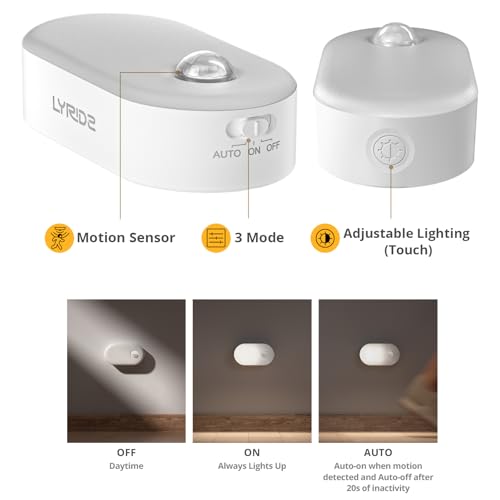 Image of Lyridz Rechargeable Motion Sensor Night Light, Cool White LED Stick-on Closet Light with Dusk to Dawn Sensor, 1-20LM Stepless Adjustable Brightness for Bedroom, Wall, Kitchen, Stairs, Hallway, 2-Pack