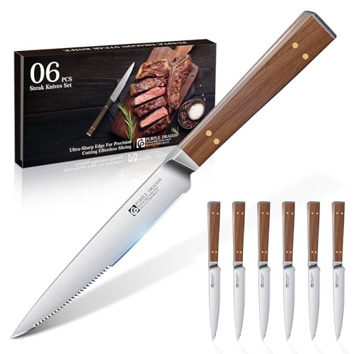 Purple Dragon Steak Knives Set of 6 - Smooth Edge Non-Serrated Blade with Square Wooden Handle – Elegant, Balanced, High Carbon German Steel - Christmas Gift for Men and Women