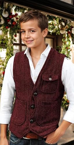 Kids Boys Retro Vests Toddler Casual Herringbone Tweed V-Neck Suit Vest Youth Boy Wedding Slim Fit Formal Waistcoat4