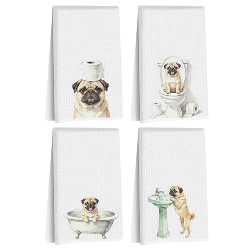 Image of Hanamiya Na 4 Pcs Funny Pug Bathroom Hand Towels 24x14 Inch, Pug Gifts Absorbent Microfiber Dish Cloth Towel, Pugs Mom Gifts Waffle Weave Hand Towels for Toilet Home Dog Bathroom Decor
