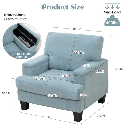Image of Accent Chair Set of 2, Modern Upholstered Reading Living Room Chairs with Storage Armrest, Comfy Large Armchair, Fabric Single Sofa Chair for Bedroom (Green)