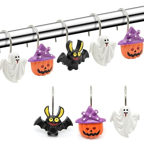 Halloween Decorative Shower Curtain Hooks,12-Pack Halloween Decorative Pumpkin Bat Ghost Shower Curtain Hooks for Bathroom Decor Rust Proof Shower Curtain Rings Hangers(Halloween)