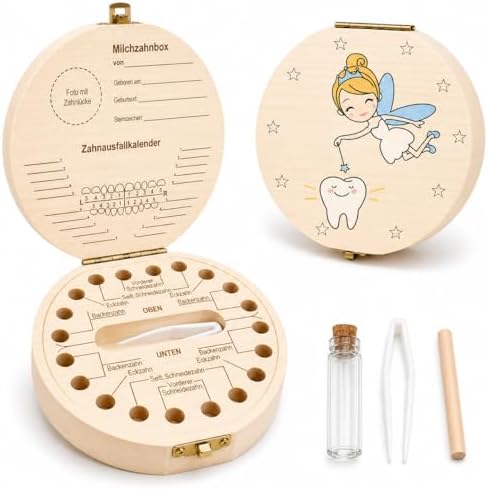 Shengruili Zahnbox Holz Milchzähne Box,Milchzahndose,Zahnbox für Milchzähne,Milchzahndose Mädchen,Aufbewahrungsbox für Baby-Zähne,Zahnschachtelmilchzähne,Große Stoff Schild Poster