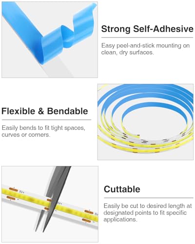 Image of Aclorol 6 FT USB LED Strip Lights for Bedroom 2 Pack Cold White 6000K | Dimmable Brightness, 5V COB LED Strip with Self-Adhesive, Flexible for Bedroom Kitchen Cabinet Mirror Staircase DIY Lighting