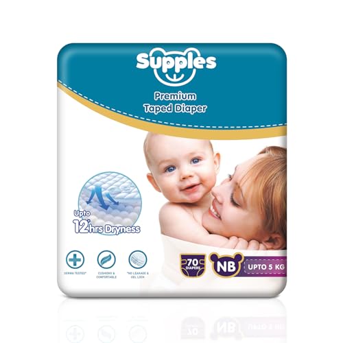 Image of Amazon Brand - Supples Premium Newborn Taped Diapers | Derma Tested, Extra Soft, High Absorbency with Wetness Indicator & Umbilical Cut Design, 12 Hrs Absorption | NB /XS | Up to 5 kg | 70 Count