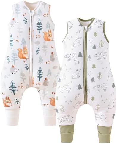 Chilsuessy Baby Schlafsack mit Beinen 1.5 Tog Schlafsack 2er Pack 100% Baumwolle Ganzjahres Schlafsack mit Füßen Babyschlafsack Kinder, 1.5 Tog Eichhörnchen + Waldbär, 100cm/Baby H