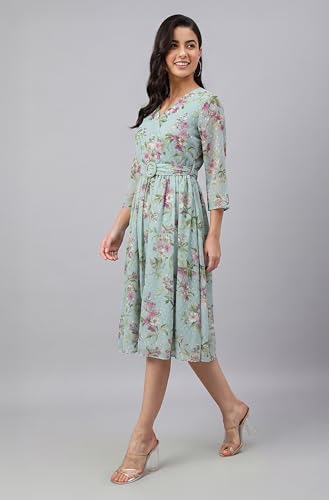Image of Janasya Women's Dobby Georgette Floral Printed Fit & Flare Dress