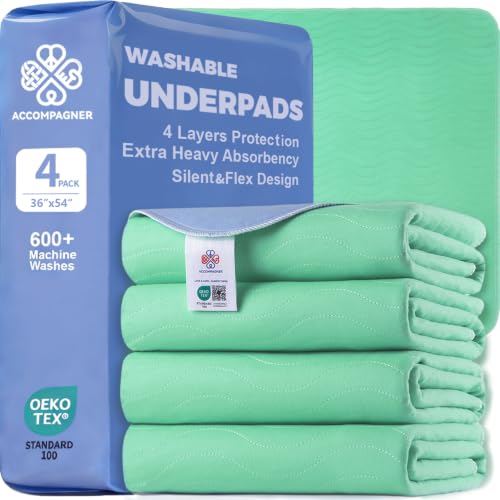 Image of Accompagner Incontinence Bed Pads Washable Waterproof, Ultra-Absorbent Reusable Underpads for Diaper Changing, Nursing, Bedridden, Adults, Seniors, Kids and Dogs (Green, 36 inchx54 inch(Pack of 4))