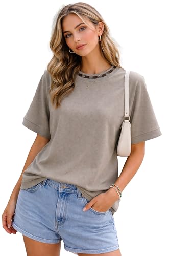 Image of London Hills Women's Waffle Texture T-Shirt | Loose Fit Casual Summer Top | Round Neck with Contrast Rib Collar & Sleeve Stripe | Soft Breathable Half Sleeve Tee