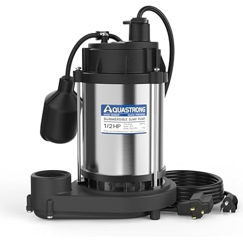 AQUASTRONG 1/2 HP Sump Pump, 3450 GPH Stainless Steel and Thermoplastic Submersible Water Pump, Automatic Float Switch with Piggy-back Plug,1-1/2" NPT Discharge Subpumps for Basement and Flooding Area Cover
