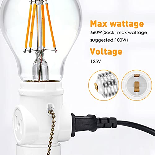 Onite Ul Listed E26 To 2 Outlet Socket Adapter, Light Socket To Plug Adapter, Light Holder Splitter, With Pull Chain (5.11Inch) Switch, 2-Pack #TOP2
