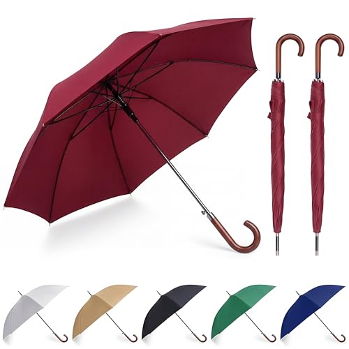 Silkfly 2 Pcs 2/4/6 Pcs 48 Auto Open Umbrella Large Wooden J Stick Handle Vintage Windproof Travel Wedding Fast Drying Umbrella (Wine Red)