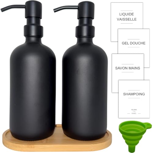 Distributeurs de Savon en Verre - Pack de 2 - Savon Mains - Liquide Vaisselle - Gel Douche - Shampoing - Plateau en Bois, Entonnoir Plastique, Etiquettes -...