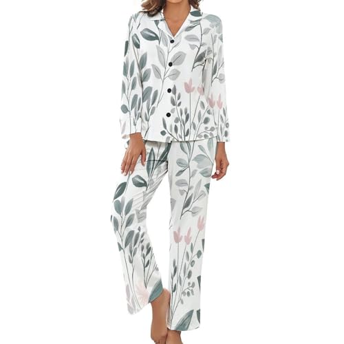 Pyjama deux pièces femme haut de gamme motif plantes peintes à l'encre unique
