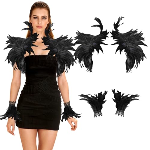 ZoneYan Capa de penas góticas, xaile de penas, xaile de penas, colar de penas de Halloween, xaile de penas gótico para Halloween, carnaval, dança, desempenho de personagens (preto)