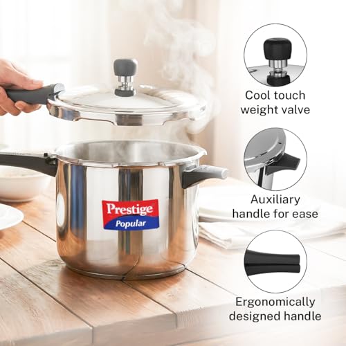 Image of Prestige 5 Litre Stainless Steel Popular Outerlid Pressure Cooker |Gas & Induction Compatible|3 layers sandwich bottom|Controlled Gasket Release System|5 Years warranty|ISI Certified