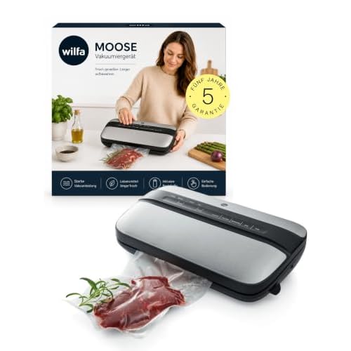 Wilfa MOOSE Vakuumiergerät - mit einem 120 Watt leistungsstarkem Motor, inklusive 5 Folienbeutel und 1 Folienrolle, silber