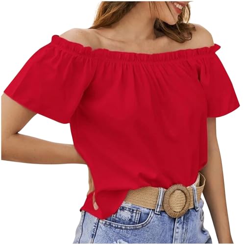 Blusa sexy sin tirantes para mujer, camiseta de manga corta con hombros descubiertos, camiseta ligera de verano, elegante, monocolor, camiseta plisada, blusa sin hombros, blusas para mujer, rojo, XXL