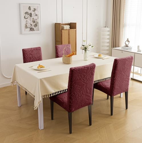 Image of House of Quirk Stretchy Universal Camellia Jacquard Waterproof Chair Cover Removable & Washable Short Dining Chair Cover Protector Seat Slipcover (Maroon,Pack of 6)