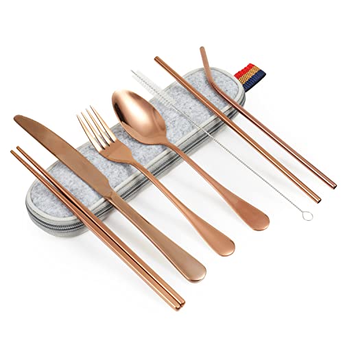Göffel Travel Cutlery, Pack of 8 Travel and Picnic Tableware, 1 Person, Dishwasher Safe, Includes Knife, Fork, Spoon, Chopsticks, Cleaning Brush, Straw with Carry Bag, Fade-resistant (Rose)