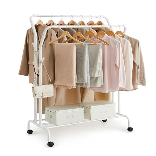 SONGMICS Burro para Ropa, con Ruedas, Perchero Burro con Doble Barra, Estructura de Tubo de Acero, Carga Máx. De 100 kg, Ancho de 103,5 cm, Almacenaje Multifuncional, Blanco HSR107W01