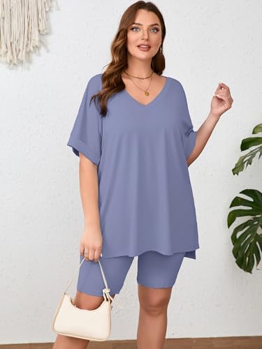 Image of AusLook Women's Plus Size 2 Piece Short Outfits Set Short Sleeve Tops and Shorts Pants Lounge Jogging outfits Matching Set