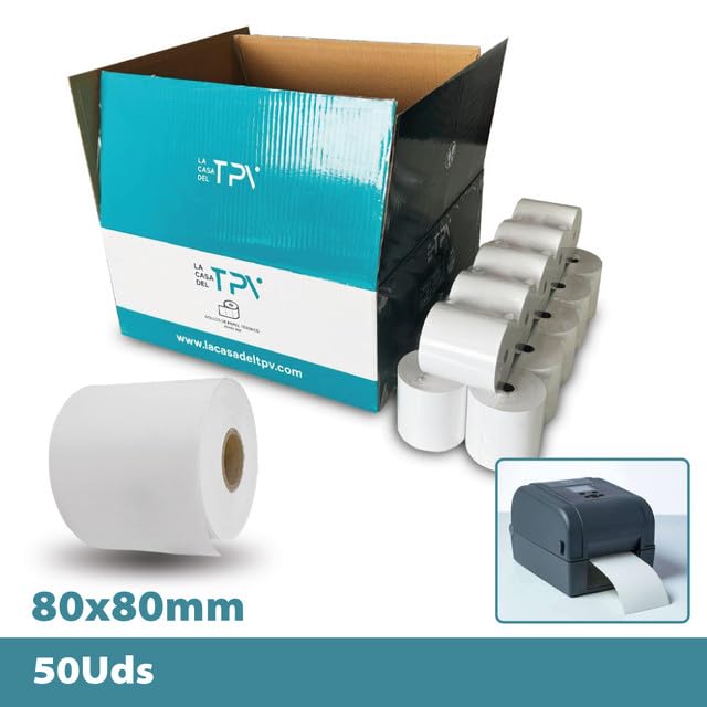 50 Rotoli di Etichette Termiche Adesive 80x80 - Carta Adesiva e Termica | Carta Continua, Compatibili con Stampanti di Etichette e Etichettatrici Termiche, Uso per Magazzino, Ufficio e Casa