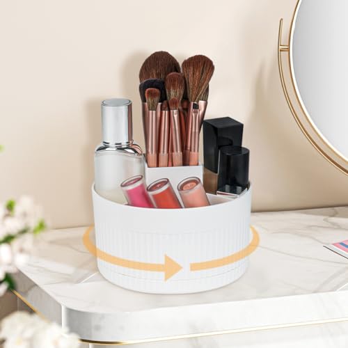 LOPHE 360° Rotating Makeup Organiser, 5-Compartment Dustproof Cosmetic Storage with Skincare Organiser, White Vanity Organiser for Dressing Table & Bathroom Countertop