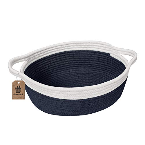 Goodpick Small Woven Basket Cute Navy Blue Rope Basket Cotton Basket Woven Storage Basket Cat Toy Basket Nursery Basket with Handles for Bathroom Bedroom 12"x 8" x 5" Oval Candy Color Design