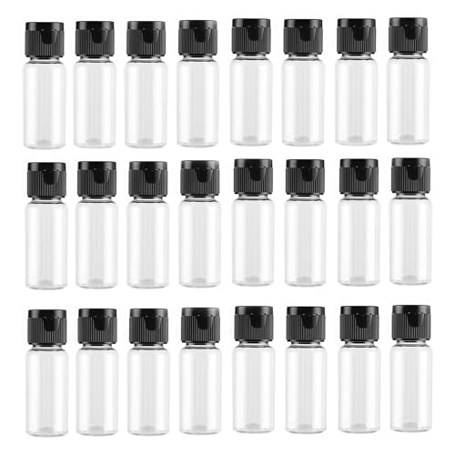 24 botellas cilíndricas vacías recargables de PET transparente con tapa abatible negra, contenedor de almacenamiento de muestras de plástico para loción, tóner, aceite esencial, crema, champú (15 ml)