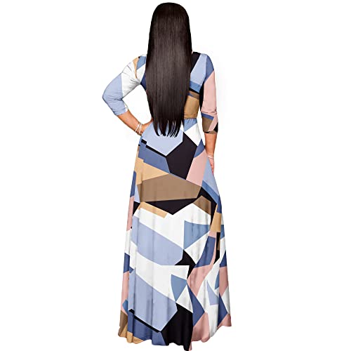 Aomoni Women's Maxi Floral Print Casual 3/4 Sleeve V-Neck Wrap Tie Waist Long Dress Geometric Blue Medium #TOP2