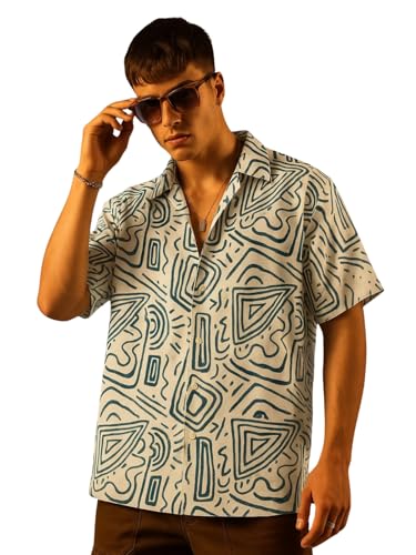 Image of Veirdo Poly Cotton Oversized Loose Baggy Fit Drop Shoulder Cool and Stylish Abstract Print Men Camp Collar Shirt