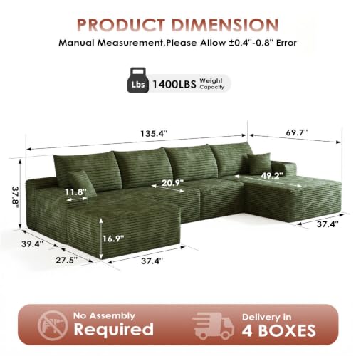 Image of Boneless Couch, Modular Sectional Couches for Living Room, U-Shaped Cloud Couch Sofa with Deep Seat, Fluffy Corduroy Upholstered Corner Sofa
