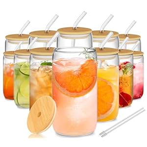 12Pcs Glass Cups with Lids and Straws – 16oz Can Shaped Drinking Glasses Set, Iced Coffee Cup, Beer Glasses Tumbler for Juice, Soda, Smoothie, Boba Tea, Whiskey, Cocktail Include 2 Cleaning Brushes