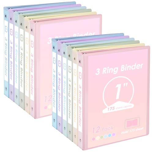 EOOUT 1 inch 3-Ring Binder 12 Pack Assorted Pastel Color with 2 P...