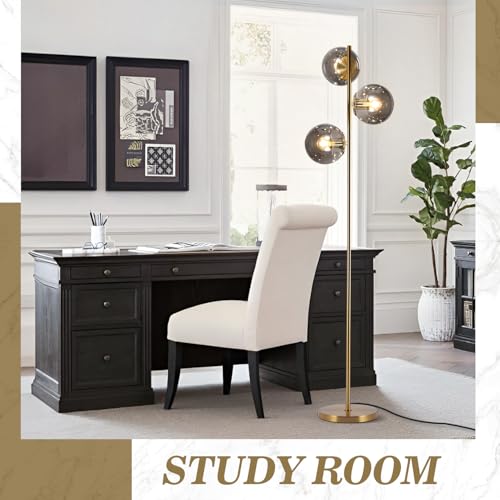 Image of BOKT Mid Century Gold Floor Lamp Modern 3-Light Standing Lamp with Smokey Gary Glass Globe Shade Bright Floor Lamps Office Standing Pole Light for Living Room Bedroom Home Decor